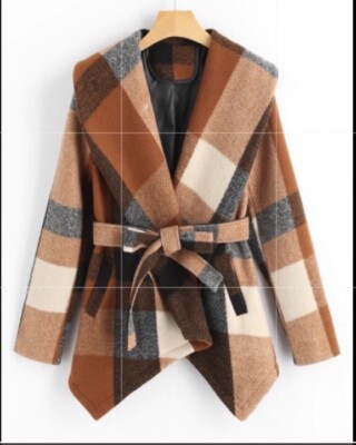 Zaful Belted Wool Blend Plaid Womens Coat