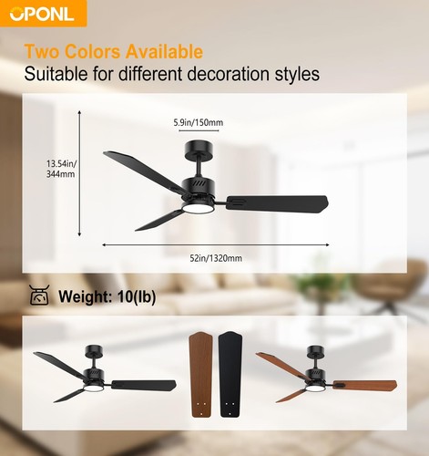 OPONL Black Ceiling Fan with Light 52inch Low Profile Remote Control Downrod ... - Picture 6 of 8