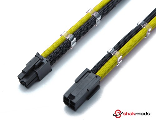 4 Pin 30cm Black & Yellow CPU Mobo Sleeved Extension Shakmods + 2 Cable Combs - 第 1/6 張圖片