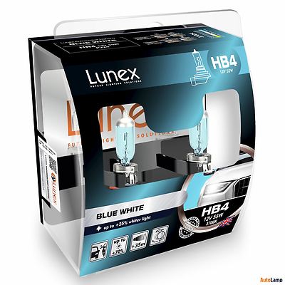 2x 9006 (HB4) Lunex Blue White 55W 12V Car Headlamps P22d 3700K Twin Pack