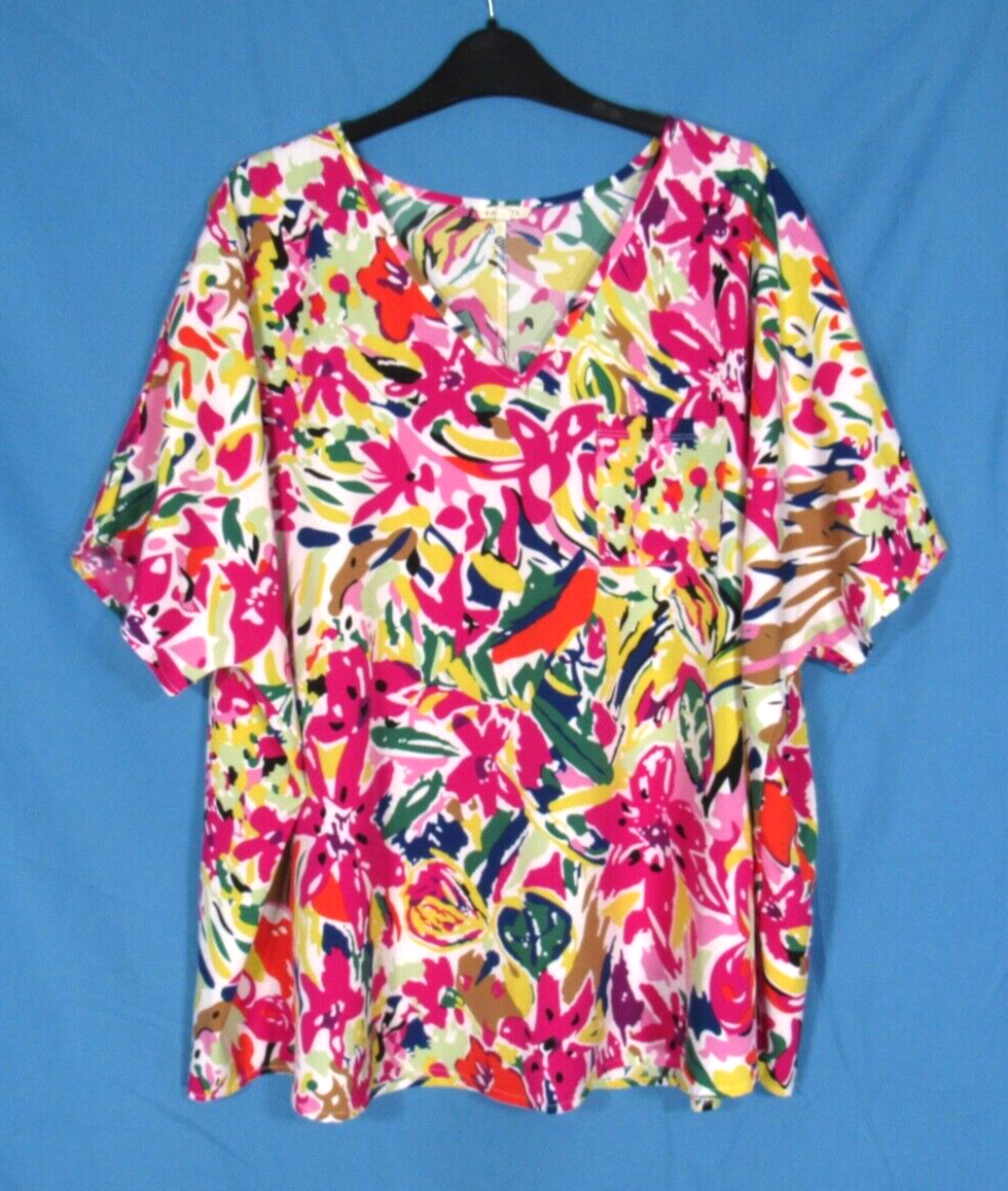 JODIFL Colorful FLORAL TROPICAL Lightweight Twill V-NECK Oversized BLOUSE TOP M