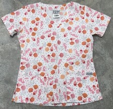 Beach Theme Scrub Top Womens UA Scrubs Seashell Seahorses V-Neck Pockets Size S