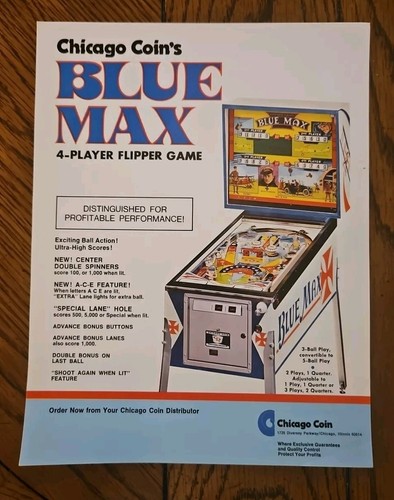 Pinball Flyer CHICAGO COIN'S BLUE MAX" ARCADE Advertisement Original Authentic 