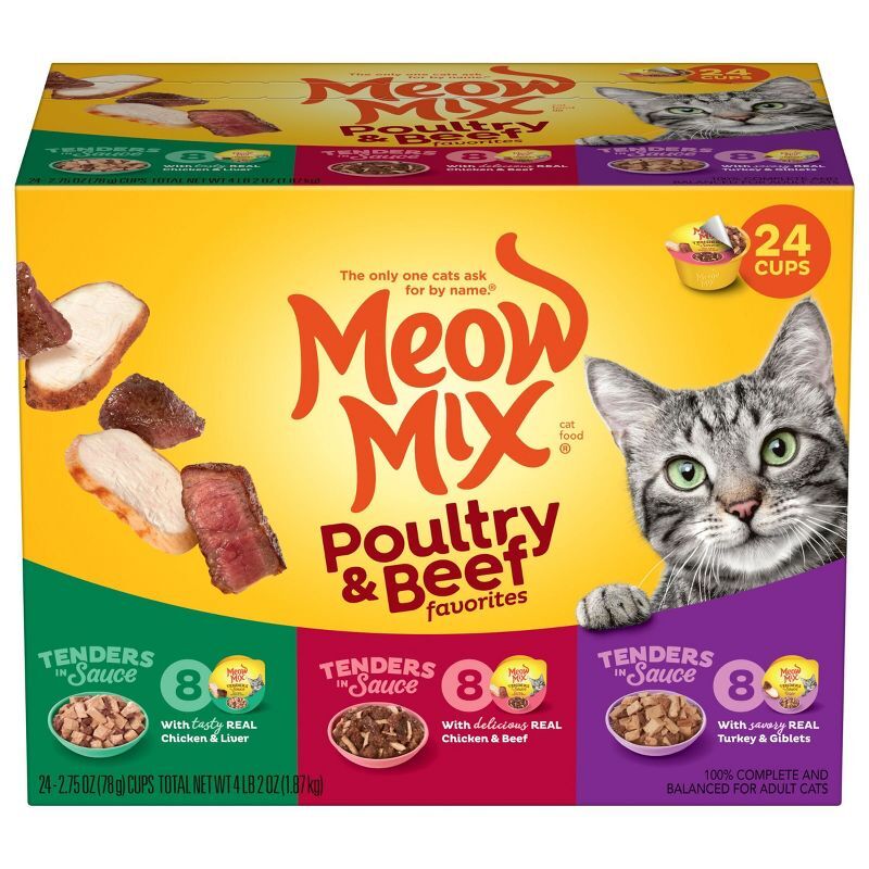 Meow Mix Tender Wet Cat Food with Liver Turkey Chicken Beef 2.75oz 24ct
