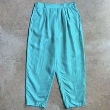 Vintage 80s Jacqueline Ferrar Turquoise High Waist Pleated Silk Pants Size Large
