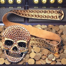 Bridget Shuster 2004 Skull Belt Gold Studded Leather Rhinestone w/ Skull Buckle