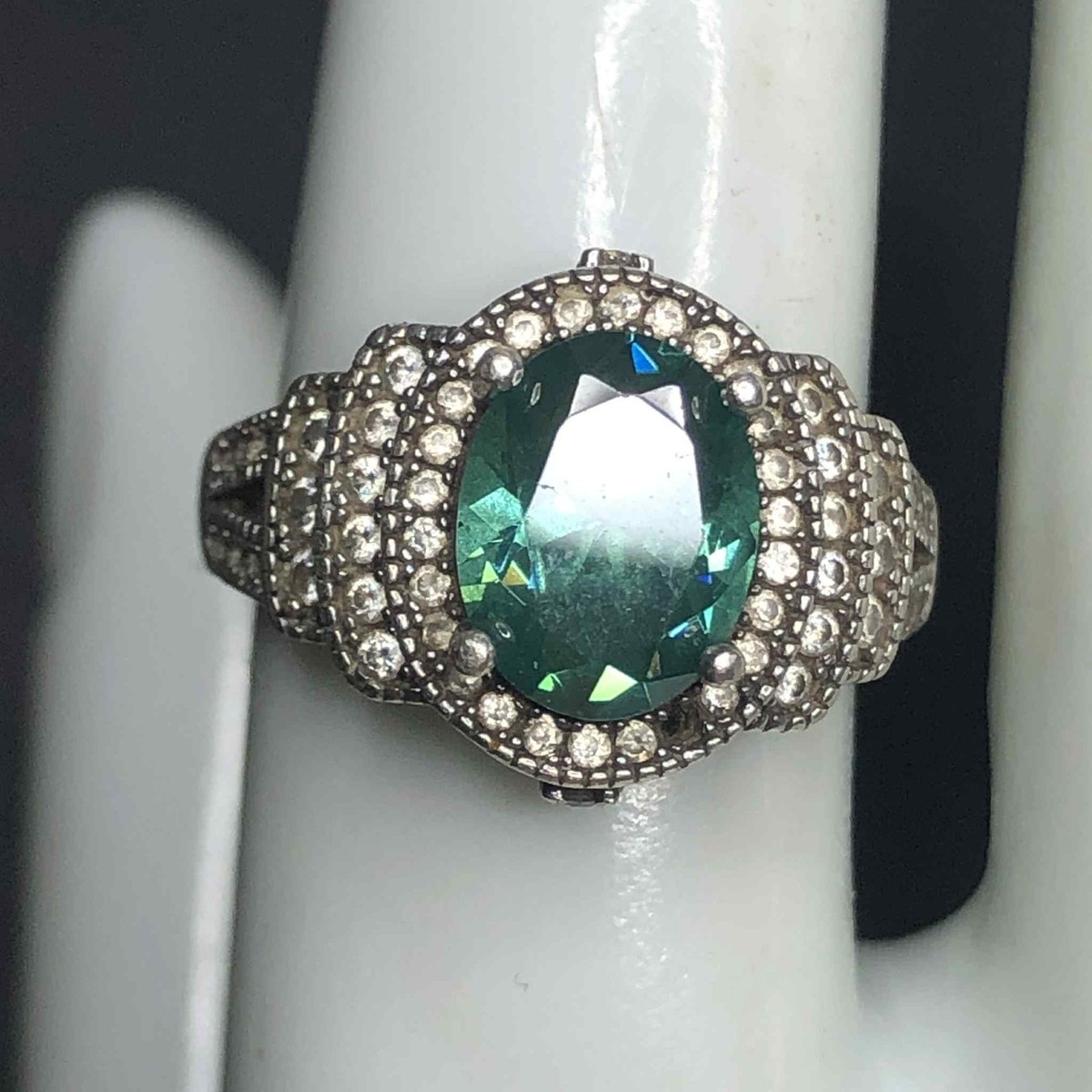 7141 Sterling Signed RAVOY 925 Green tourmaline & CZ art deco Ring