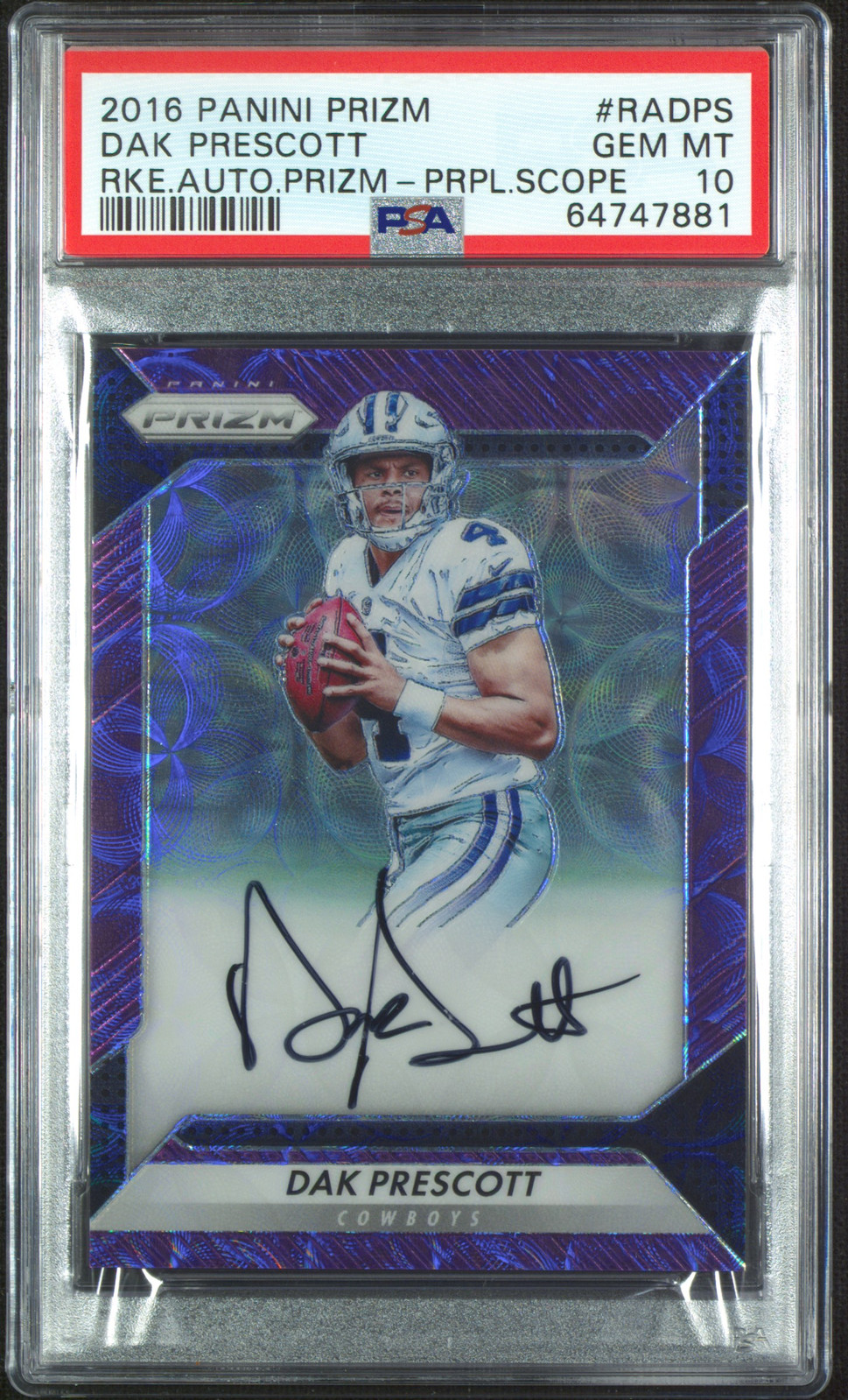 2016 PANINI PRIZM RC AUTO PRIZM PURPLE SCOPE DAK PRESCOTT 87/99 PSA 10 AUTO