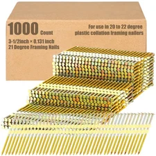 1000 Per Box 3-1/2 x 0.131 Inch Framing Nails 21 EG Degree Smooth Shank Plast...
