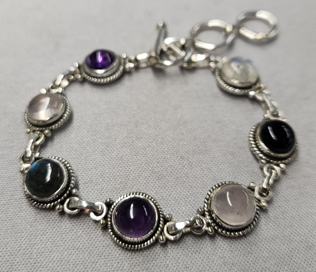 Multi Stone Toggle Sterling Silver Bracelet 6.5"+… - image 4