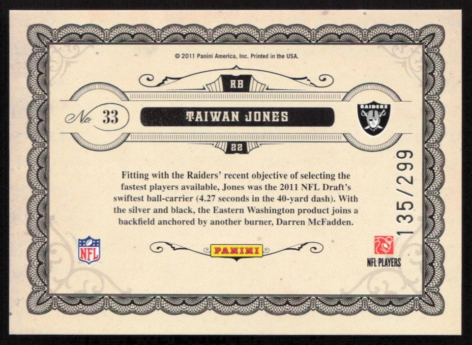 2011 Gold Standard Gold Leaf Rookies #/299 Taiwan Jones #33 Raiders - Image 2 of 2