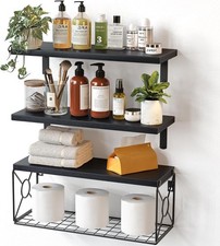 Bathroom Shelves Over Toilet with Storage Basket Floating Wall Shelf Black
