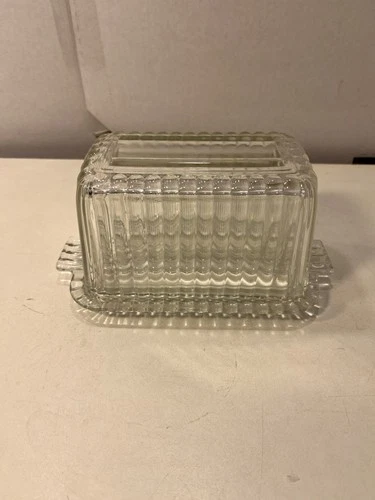 Vintage Anchor Hocking One Pound Ribbed Glass Covered Butter Dish