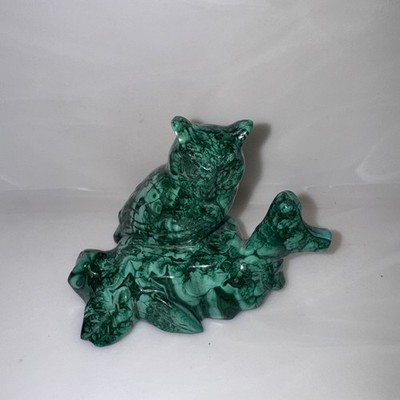 Malachite Carved Owl Figurine Sculpture, Realistic 3  by 4 