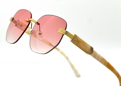 Luxury Designer Men's Pink Lens Gold Frame Hip Hop Retro Rimless Glasses Lentes