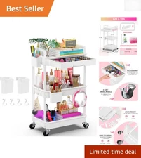Durable 3 Tier Rolling Utility Cart with Lockable Wheels & Hook Accessories