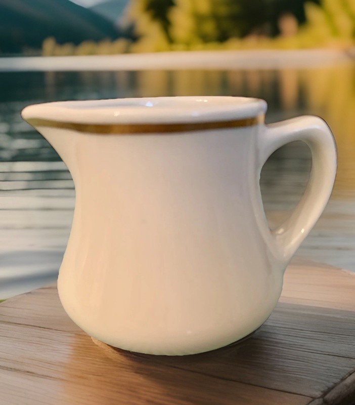 Homer Laughlin 8 Oz Restaurant Ware Mini Pitcher Creamer  Off-White Gold Stripe