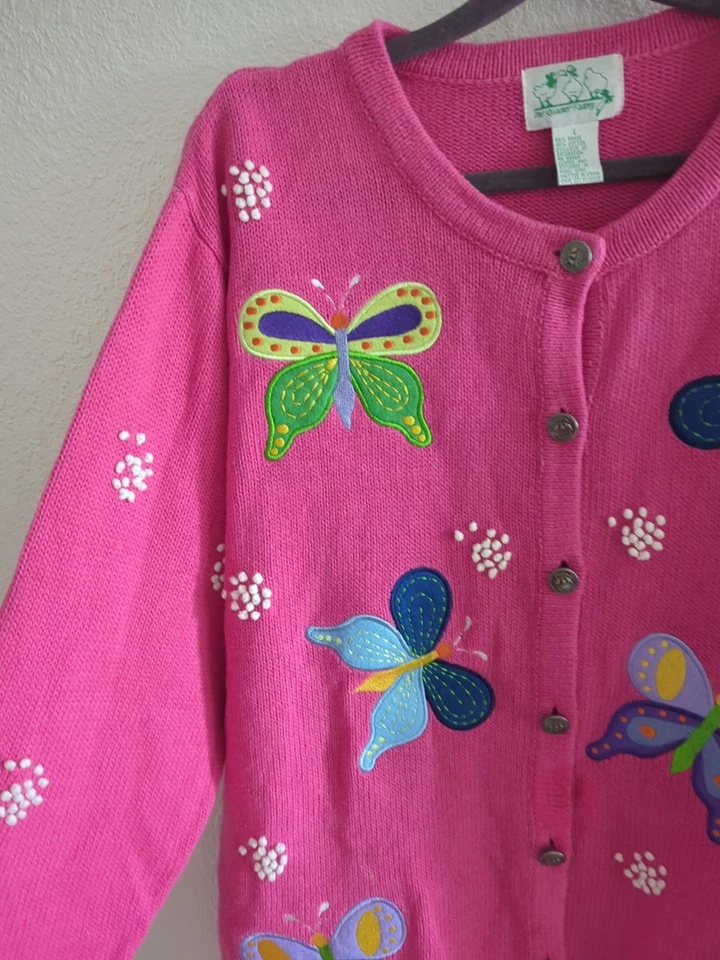 Quacker Factory Sweater w/Butterflies Cardigan Women's Size Large Pink  - Image 3 of 4