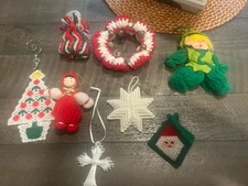 Lot Of 8 Vtg  Handmade Yarn Christmas Ornaments Wreath, Doll, Elf, Tree , + More