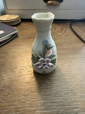 Vintage White Bud Vase With Raised Pink Flower 4”