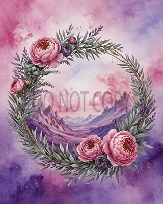 Floral Wreath Pink Peonies Purple Mountains Watercolor Fantasy Art Print