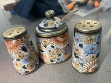 Vintage Japanese Kutani Lidded Sugar Porcelain Bowl salt & pepper shakers Japan