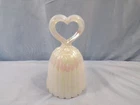 Fenton White Milk Glass Carnival Glass Bell w/ Heart Handle & Embossed Roses