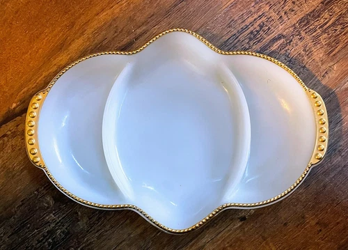 Vintage Anchor Hocking Fire King Milk Glass Gold Bead Trim 3 Part Relish Dish
