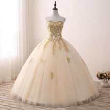 Women's Wedding Flowers Elegant Formal Tulle Gold Lace Ball Gown Sweet Dresses