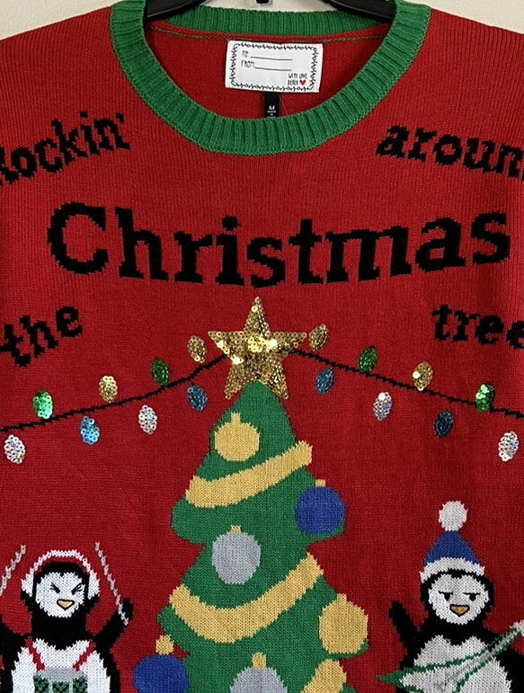 With Love Derek Ugly Christmas Sweater Penguins Christmas Tree Sequin Size M New