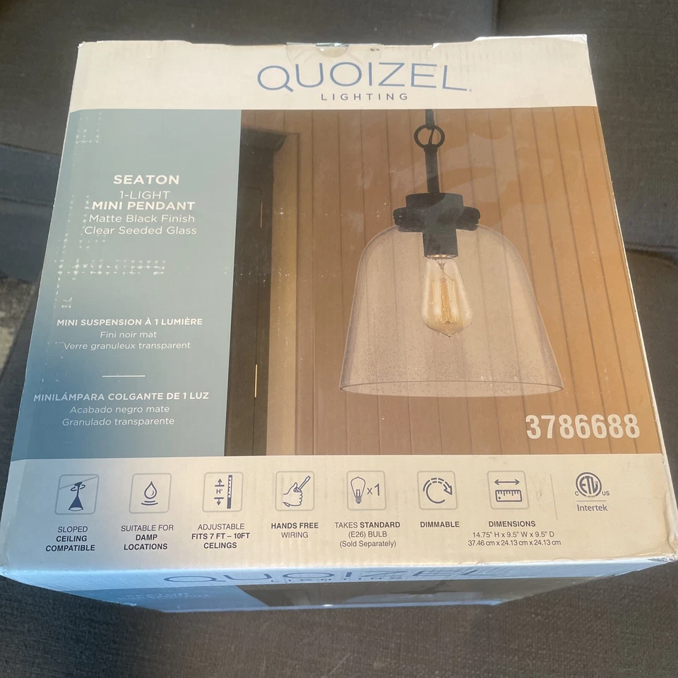 Lámpara Colgante Quoizel Lighting Seaton 1 Luz, Negro Mate, Vidrio Semillado Transparente  Foto 2 de 4