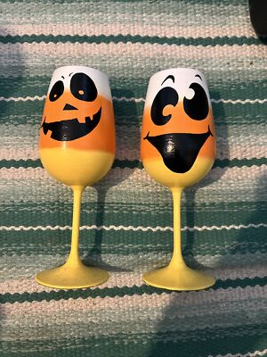 Hand Painted Candy Corn Wine Glasses Set Of Two Halloween | eBay