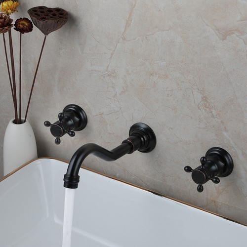 Grifos mezcladores de baño de bronce frotado con aceite 3 piezas montados en pared 2 asas - Imagen 5 de 11