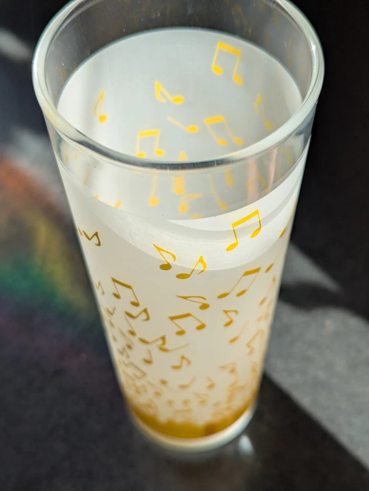 1990 LIBBEY ALBERT ELOVITZ Yellow Frosted MUSIC NOTES Highball Glass 12oz 7" VTG - Image 3 of 4