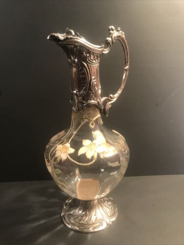Antique Moser glass pitcher/Metal mounted/Enameled/Decanter/Czechoslovakia C1925 - Afbeelding 1 van 12