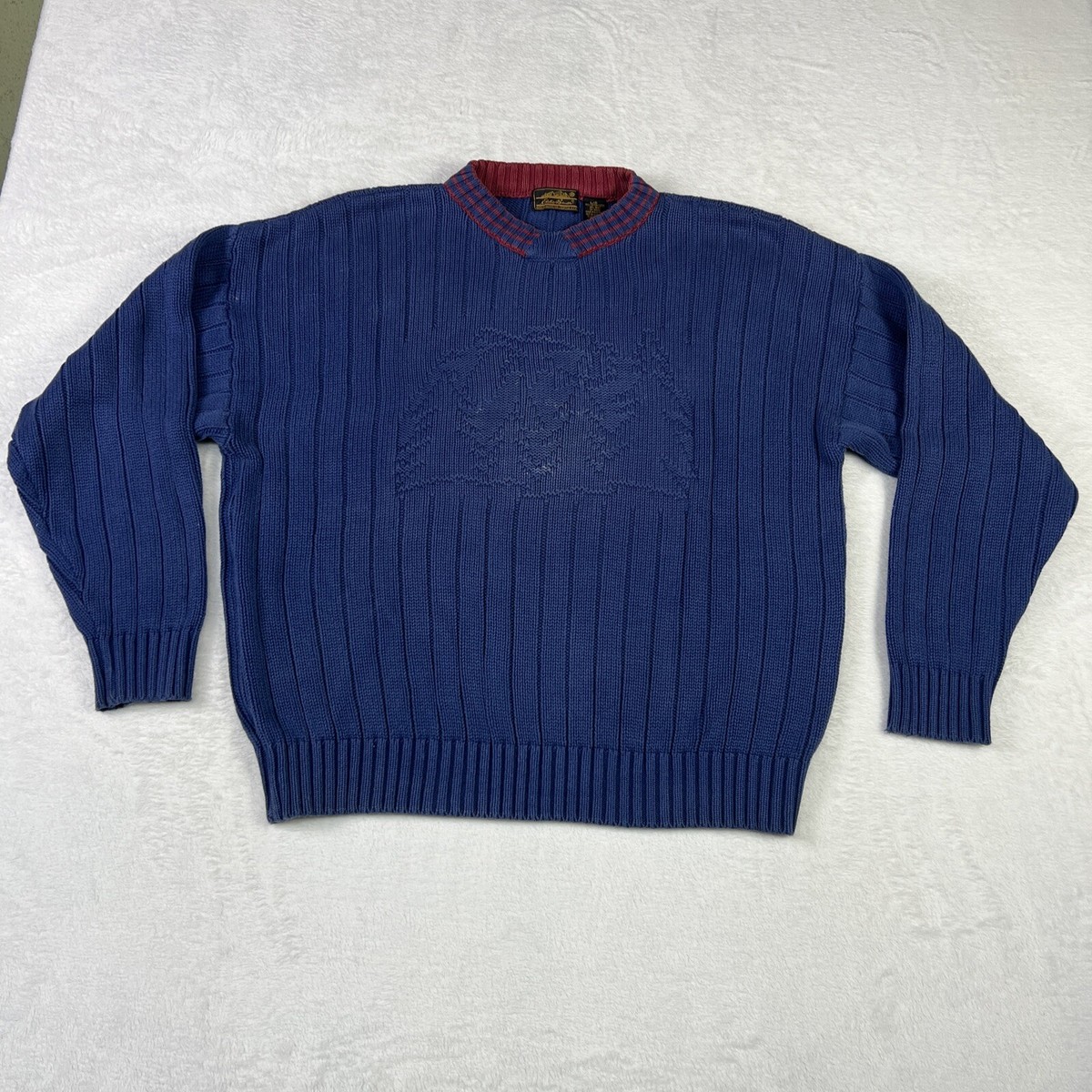 Eddie Bauer Mens's Large Cable Knit Sweater Blue Tree Knit Made in