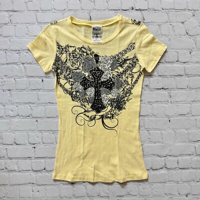 New Vocal Apparel Womens Crystal Banana Yellow Cross Rosary Roses Bling Shirt S