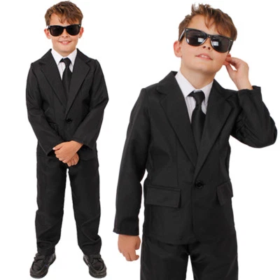 ILOVEFANCYDRESS CHILDS SECRET AGENT COSTUME TV FILM FBI BLACK SUIT GLASSES BOYS FANCY DRESS