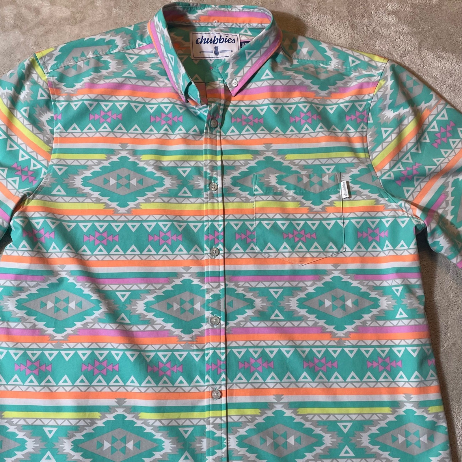 Chubbies Mens Short Sleeve Button Down Shirt Turquoise Aztec Print XXL