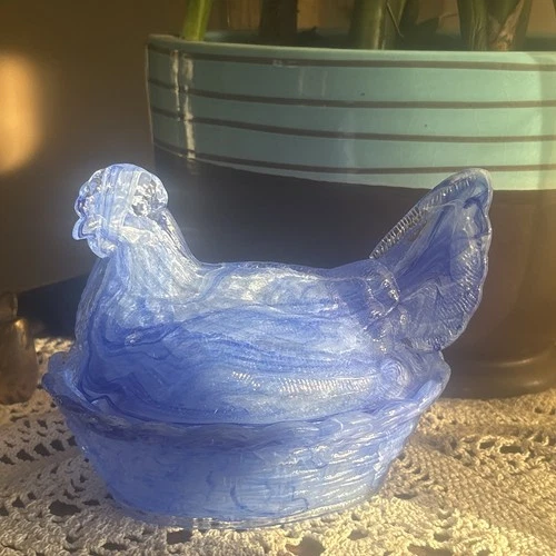 Unique!! Depression Style Cobalt Blue Swirl Hen On Nest Covered Dish