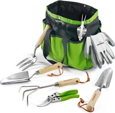 Garden Tools Set, 8 Piece, Stainless Steel Heavy Duty Gardening Tools with Woode