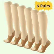 (6 Pairs) Copper Compression Socks 20-30mmHg Graduated Support Mens Womens S-XL