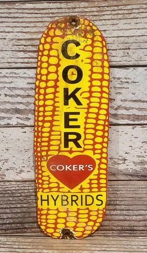 Vintage Coker Corn Porcelain Metal Coker's Hybrid Sign