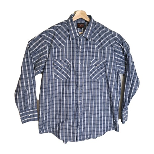 Plains Western Wear Herren XL Pearl Snap Langarm blau kariert gestreift Hemd - Bild 8 von 12