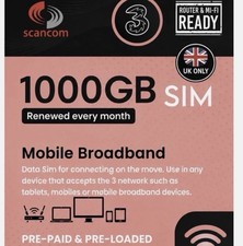 Three + Vodafone 1000GB MONTHLY Uncapped 5G Data SIM Until July 2028