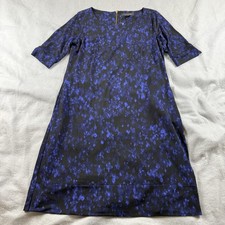 Tahari Dress Womens 8 Blue Floral Half Sleeve Shift Knee Length Knit Lined