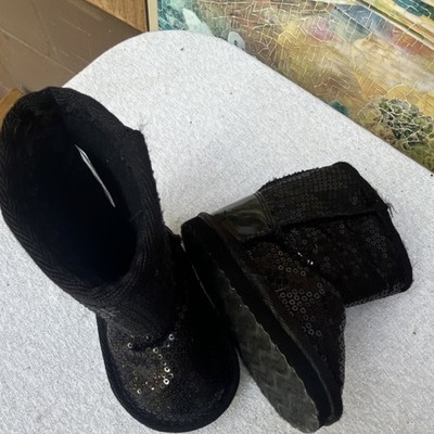 Black Sequin Girls Shearling Style Mid-Calf Boots Pull On