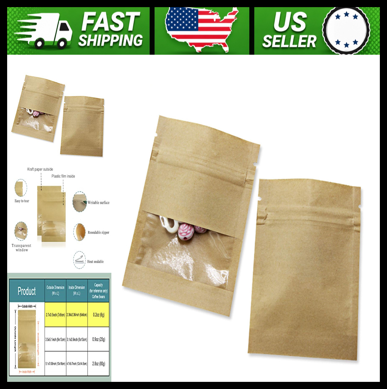 1000 Pack Clear Window Kraft Paper Bags 2.7 x 3.5 in Resealable