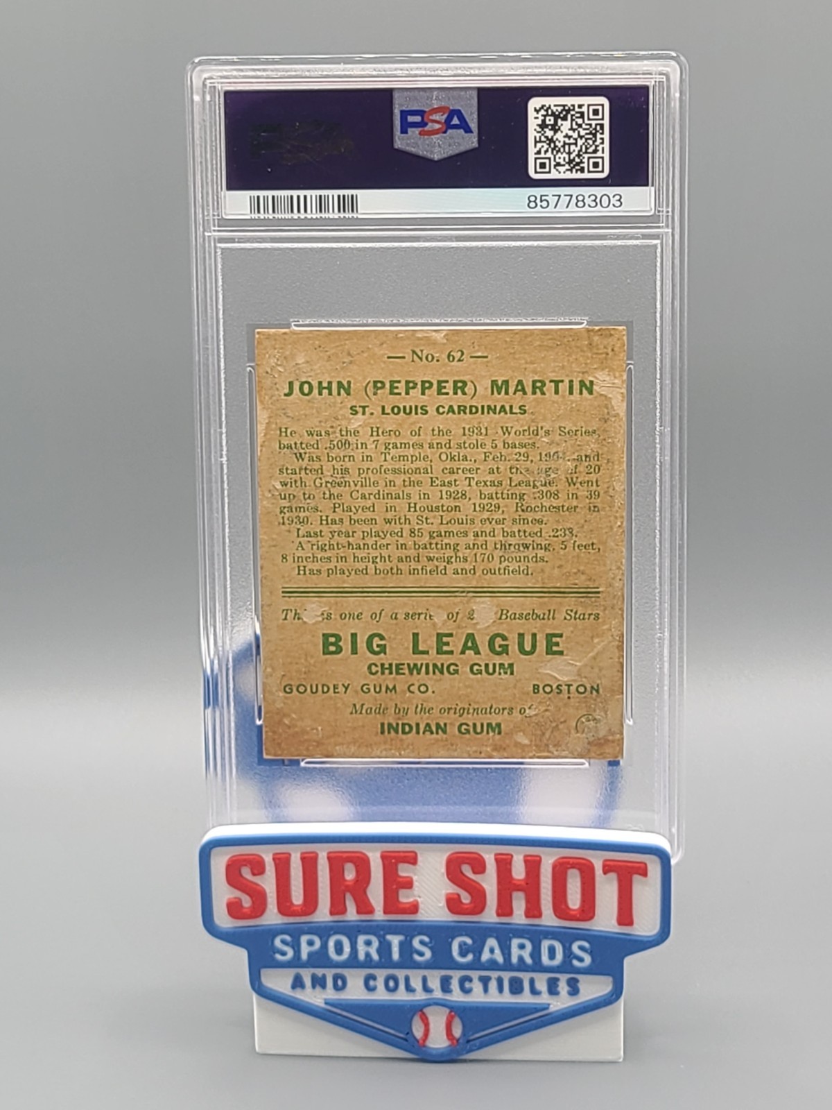 1933 Goudey PEPPER MARTIN St. Louis Cardinals #62 PSA Authentic Altered view 2