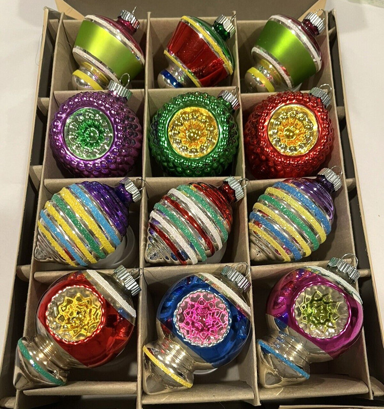 12 Radko ShinyBrite Teardrop & Bumpy Dbl Indent UFO Beehive Colorful Glitter BOX